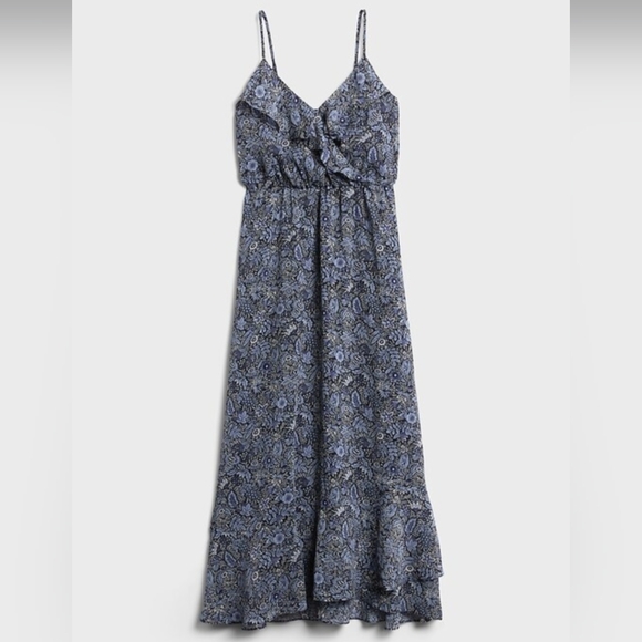 Banana Republic Factory Dresses & Skirts - Banana Republic Factory Ruffle Wrap V-neck Blue & White Floral Midi Dress- L